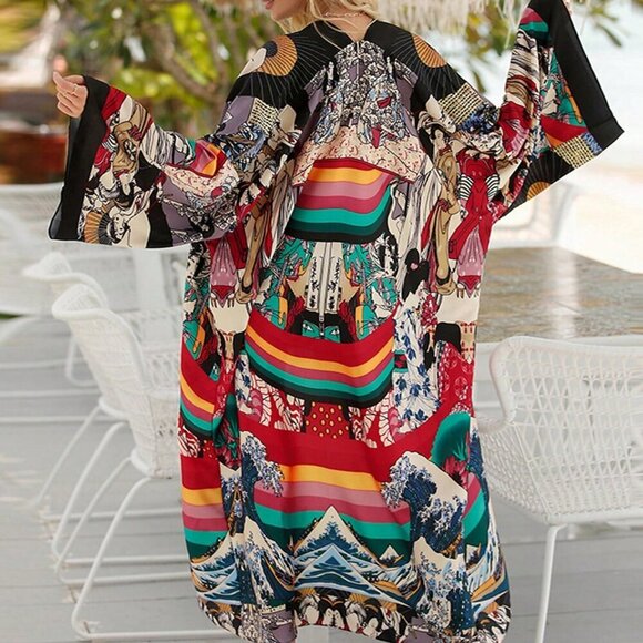 Black Bohemian Women's Loose Mid-Length Beach Cover Up, Kimono, Dress - Picture 2 of 5